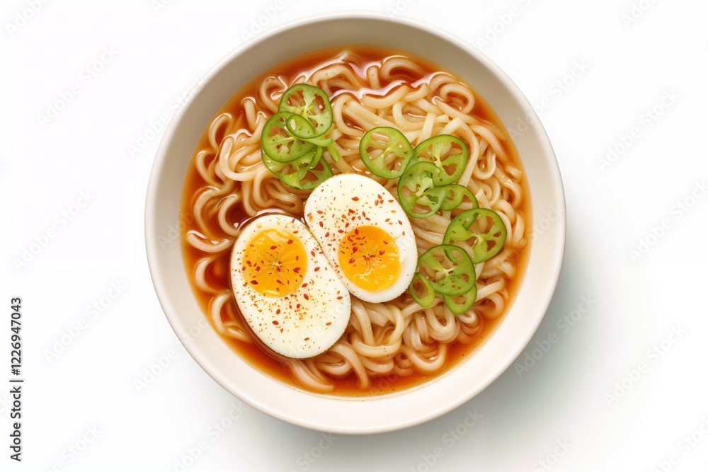 A plate of ramen with noodles, broth, boiled egg halves, and sliced green chili pepper. A traditional Asian dish of noodles served in a bowl with spices, toppings. Asian cuisine, culinary experience.
A plate of ramen with noodles, broth, boiled egg halves, and sliced green chili pepper. A traditional Asian dish of noodles served in a bowl with spices, toppings. Asian cuisine, culinary experience.