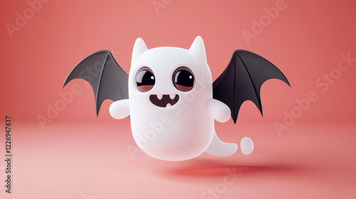 Cartoon kawaii Halloween ghost character. Isolated vector funny spook with friendly eyes, bat wings, fangs and white, smiling form, floats playfully with a little wisp of a tail trailing behind photo