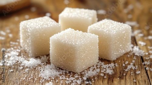 White sugar cubes arranged neatly on a white background in a clean, minimalist setting photo