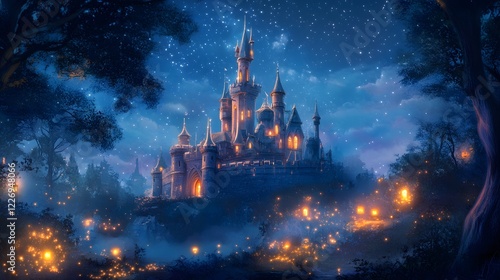 Fairy tale castle illuminated at night, enchanting architecture surrounded by mystic forest, perfect for fantasy themes. photo