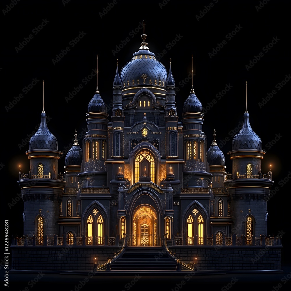 Beautiful and magnificent 3D cartoon palace, on a black background, generative AI