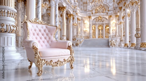 Luxurious Palace Interior with an Elegant Pink Velvet Armchair, Ornate Golden Details, Grand Staircase, High Ceilings, Massive Crystal Chandeliers.Prestige. Timeless Beauty. High-end interior design, 