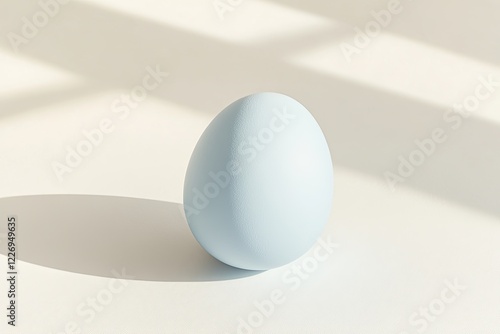 single pastel blue easter egg placed on smooth white surface softly lit with delicate shadows photo