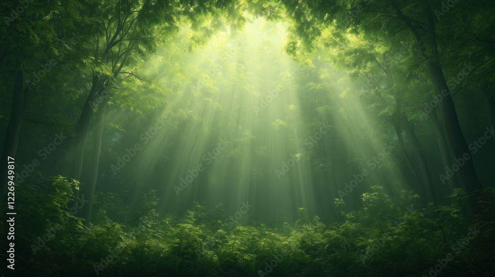 Fototapeta premium A forest with sunlight shining through the trees