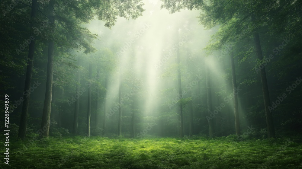 Fototapeta premium A forest with sunlight shining through the trees