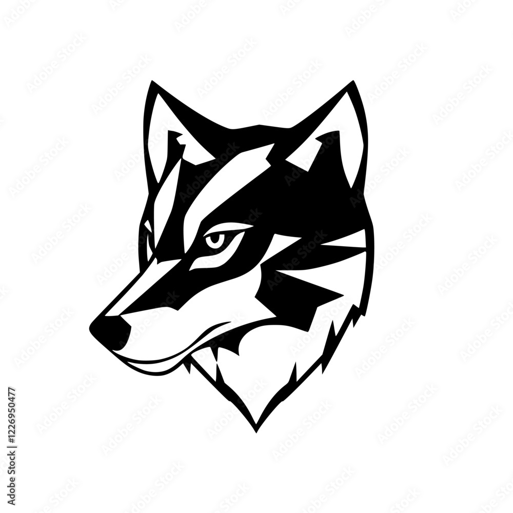 Fototapeta premium Majestic Wolf Head: Black and White Vector Graphic, Wild Animal Portrait, Canine Design