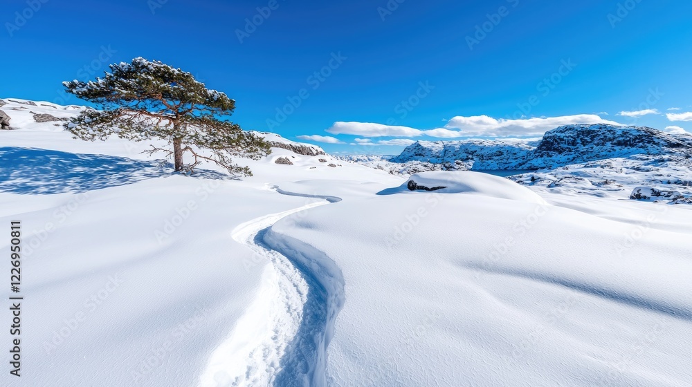 Lone pine in snowy mountain landscape, winter sunlight. Travel poster Lone pine in snowy mountain landscape, winter sunlight. Travel poster