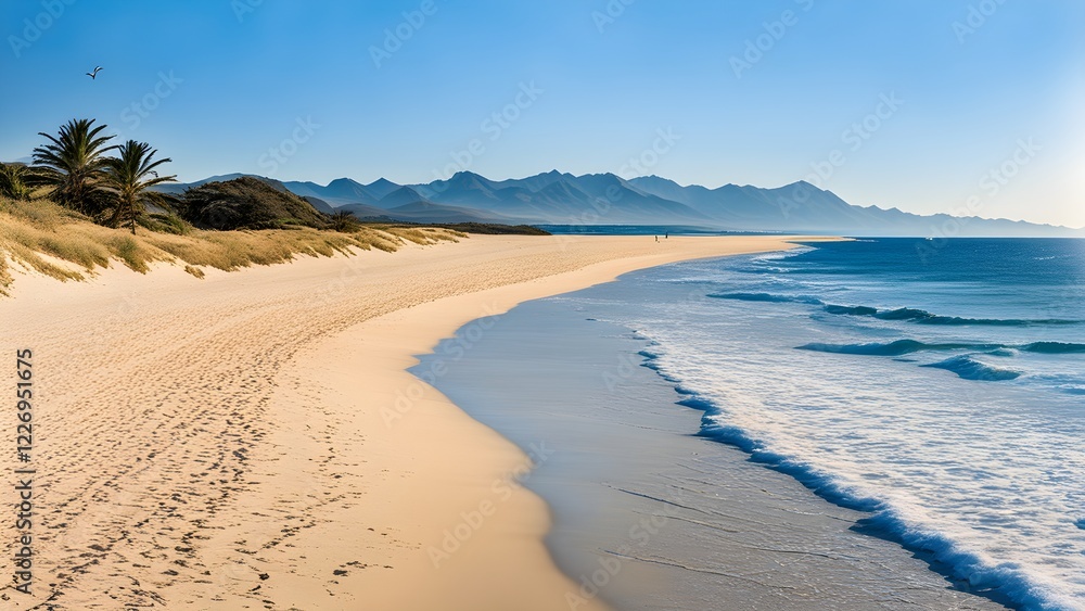 Serene panoramic view of a pristine beach with palm trees, gentle waves lapping the shore, and a majestic mountain range in the background under a clear blue sky.