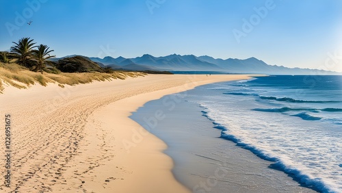 Serene panoramic view of a pristine beach with palm trees, gentle waves lapping the shore, and a majestic mountain range in the background under a clear blue sky.
