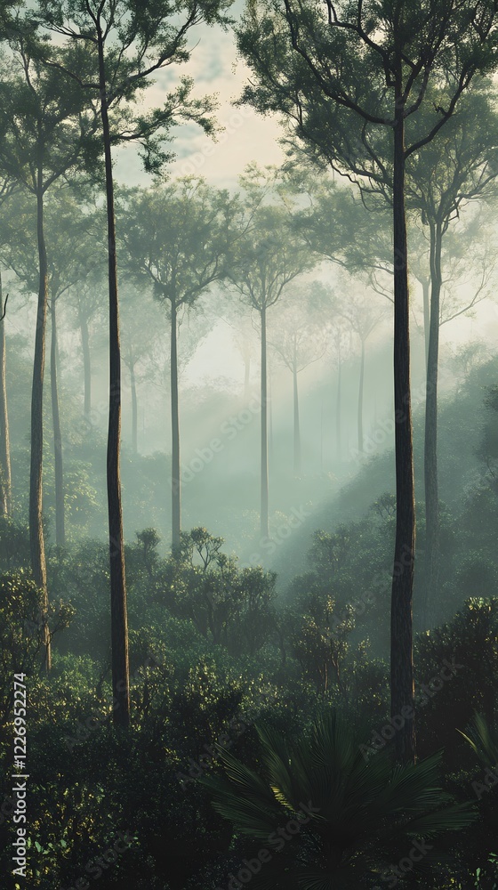 Fototapeta premium A distant view of a foggy forest with tall, towering trees and a soft mist