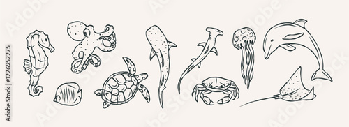 Hand drawn doodle sea animals collection