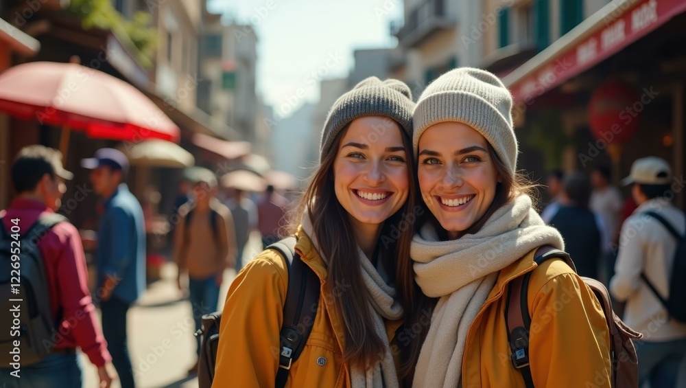 Two women are smiling for camera while walking down street Two women are smiling for camera while walking down street