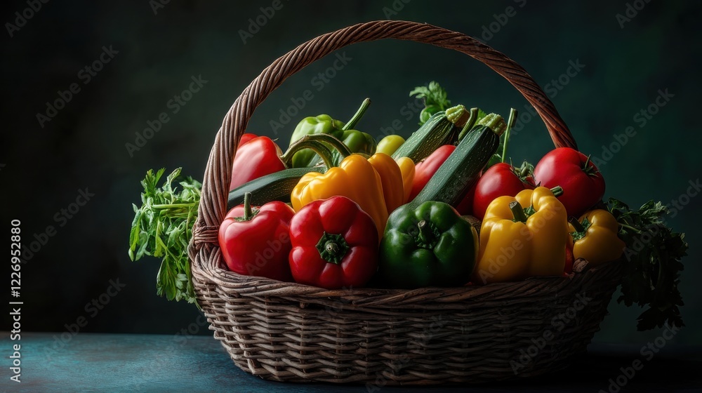 A basket filled with vibrant red tomatoes, green zucchinis, and yellow bell peppers. A basket filled with vibrant red tomatoes, green zucchinis, and yellow bell peppers.