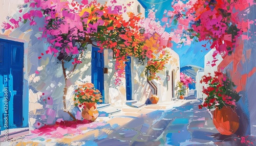 Bella strada colorata con fiori in Santorini, Grecia