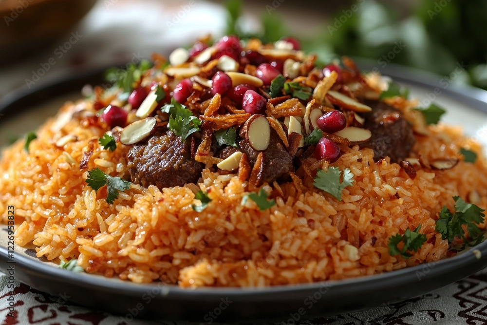 Savory spiced rice with meatballs, pomegranate, and almonds Savory spiced rice with meatballs, pomegranate, and almonds