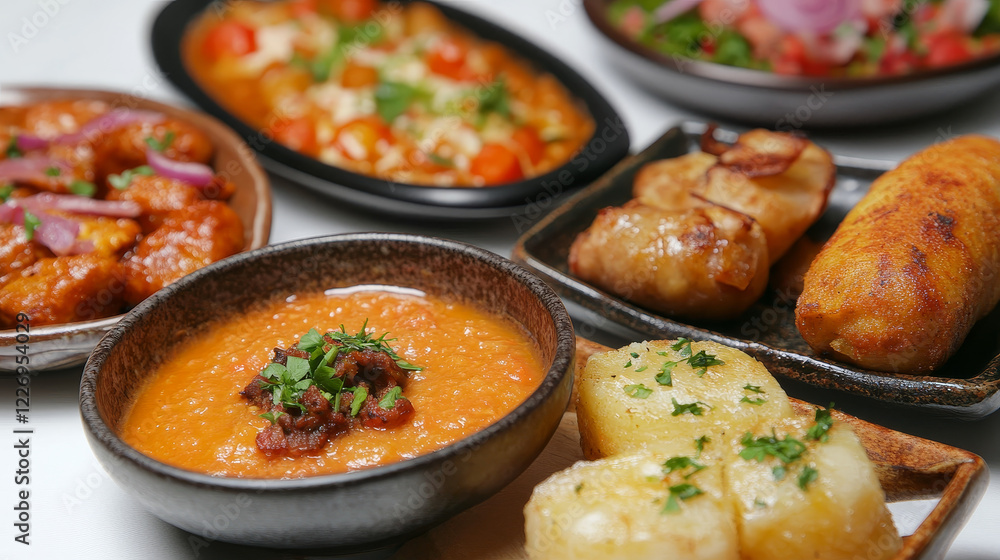 Spanish cuisine menu template. Tomato bread soup Salmorejo, vegetable stew Pisto Manchego and king cake with candied fruits, biscuits Tortas de Aceite, Natillas and Frangollo desserts, Chicharrones Spanish cuisine menu template. Tomato bread soup Salmorejo, vegetable stew Pisto Manchego and king cake with candied fruits, biscuits Tortas de Aceite, Natillas and Frangollo desserts, Chicharrones