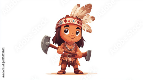 Cartoon vitamin B3 indian chief. Isolated vector Niacin micronutrient character, native american wild west personage in feather tribal headband and cherokee costume hold axes in hands photo