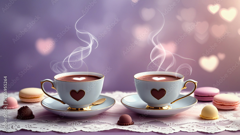 Romantic background with steaming teacups, delicate lace, chocolate truffles, and pastel-colored macarons, enhanced by a dreamy bokeh glow for a warm and intimate atmosphere. Romantic background with steaming teacups, delicate lace, chocolate truffles, and pastel-colored macarons, enhanced by a dreamy bokeh glow for a warm and intimate atmosphere.