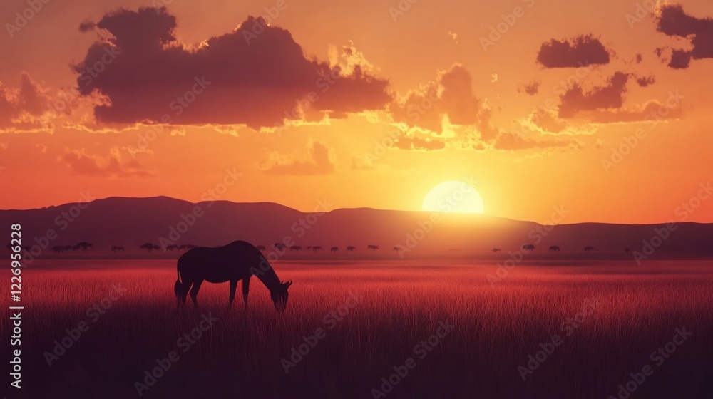 Silhouette of a horse grazing during a beautiful sunset in a grassland landscape Silhouette of a horse grazing during a beautiful sunset in a grassland landscape