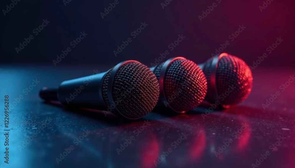Obraz premium Shiny microphones on a dark floor with shadows, dark reflection, shiny microphones, shiny objects