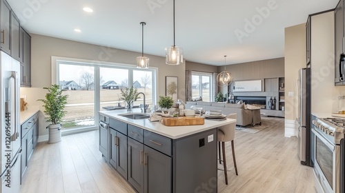 A modern kitchen with sleek cabinets and high-end appliances in a newly built home. picture