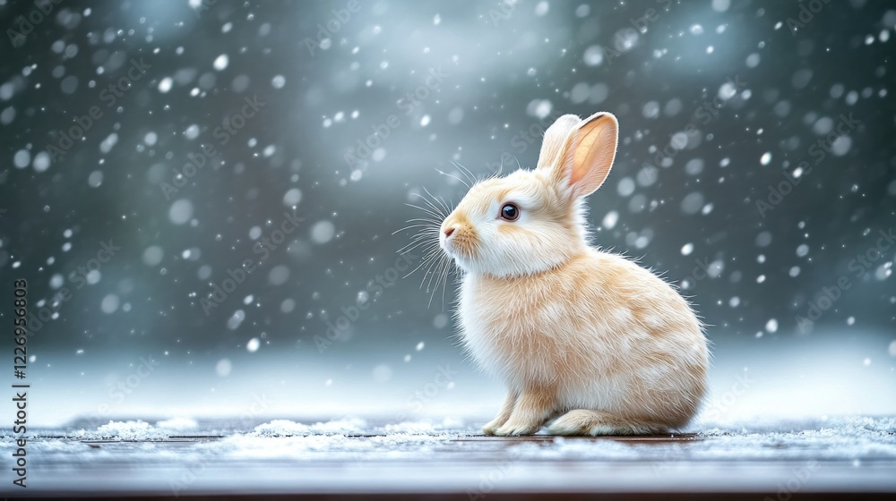 Snowy day, cute bunny outdoors, winter wonderland, snow falling Snowy day, cute bunny outdoors, winter wonderland, snow falling