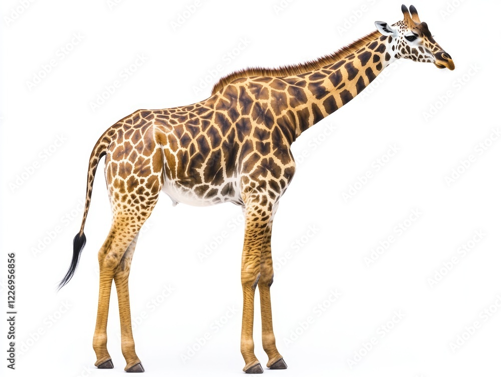 Naklejka premium Adorable baby giraffe with patterned fur. Natural habitat or zoo environment. Wildlife and nature concept.