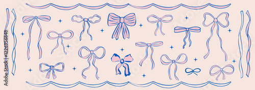 Vector set of bows and ribbons. Hand drawn bow knots for greeting cards, gifts, posters, banners, invitations and party backgrounds.