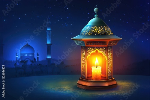 Ramadan lantern glows, mosque backdrop, night, celebration (1) photo