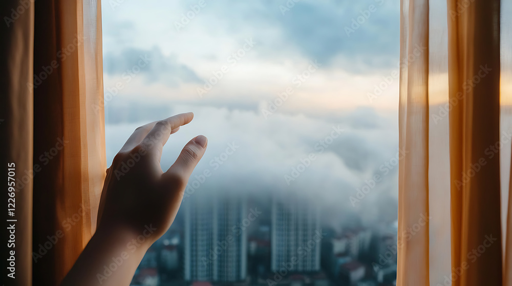 Fototapeta premium Opening a window for fresh air and new perspectives high-rise building photography urban environment close-up view refreshing concept
