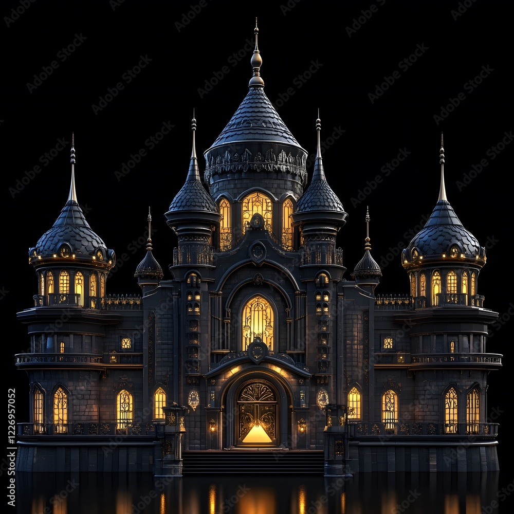 Beautiful and magnificent 3D cartoon palace, on a black background, generative AI Beautiful and magnificent 3D cartoon palace, on a black background, generative AI