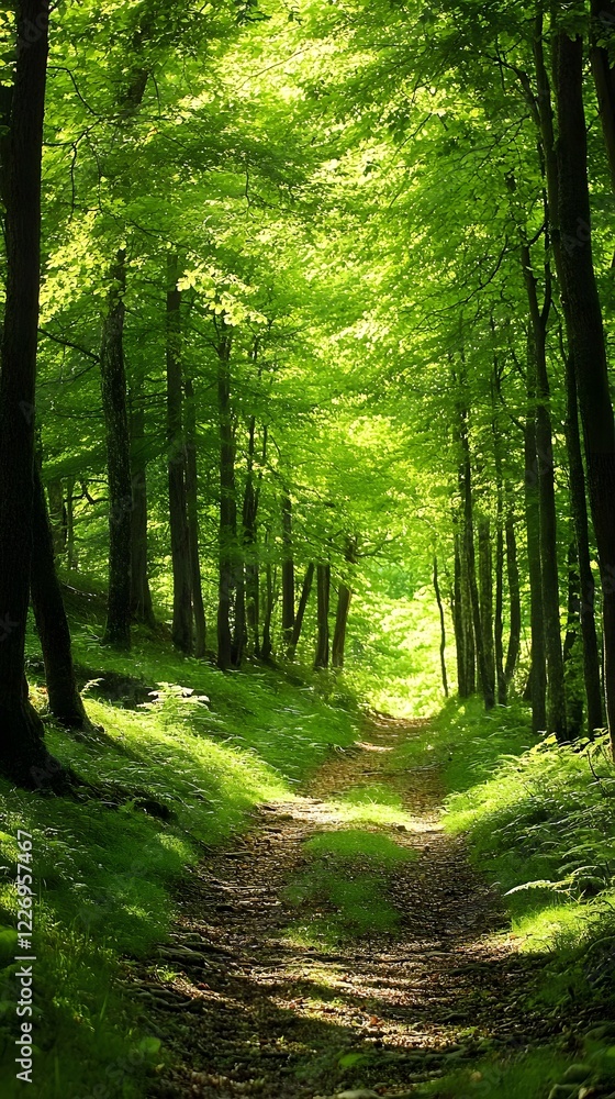 Obraz premium A quiet mountain trail leading through a forest of tall, green trees