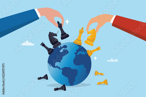 Geopolitics world country trade alliance, diplomacy with superpower nations, relationship or negotiation for trade war, tariff or sanction concept, hand playing chess to win geopolitics trade war.
