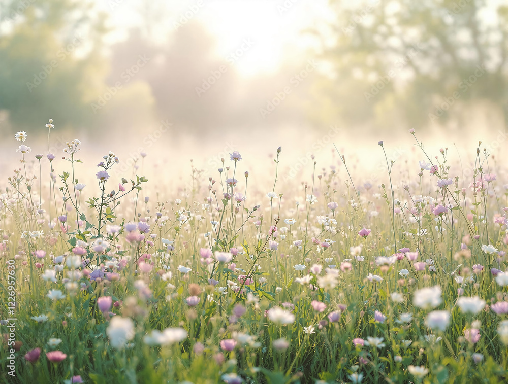 Obraz premium spring meadow with morning mist and swaying wildflowers