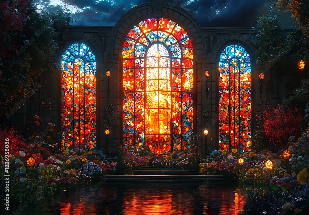 Illuminated Stained Glass Windows with Vibrant Floral Surroundings at Dusk


