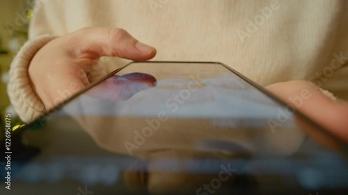 Young woman leisurely scrolling through social media news feed on smartphone while sitting comfortably near soft christmas lights with warm bokeh background