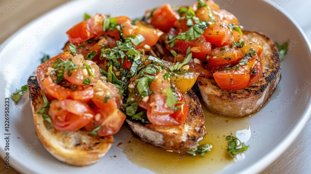 A serving of bruschetta with tomato, basil, and olive oil on toasted baguette slices. A serving of bruschetta with tomato, basil, and olive oil on toasted baguette slices.