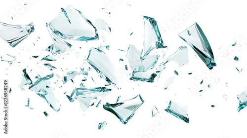 Shattered Glass Pieces Flying Through Air Creating Dynamic Visual Impact Against a White Background