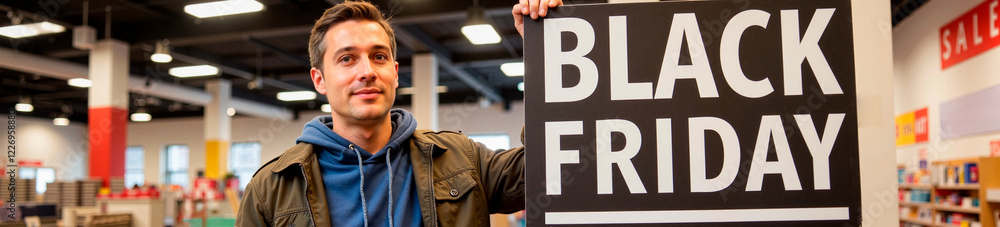 Fototapeta premium Customer holding Black Friday sale sign in store, shopping excitement