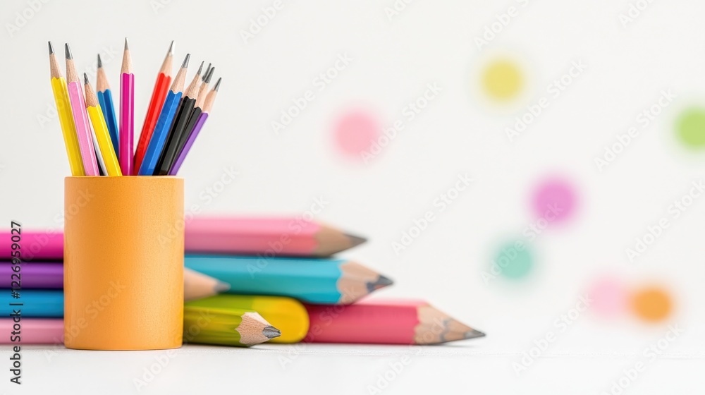 Fototapeta premium Colorful pencils in holder, stationery, school supplies, blurred background, education