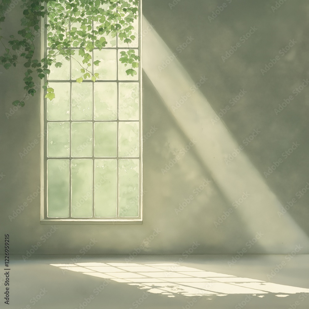 A window with a plant in it is letting in sunlight, creating a warm A window with a plant in it is letting in sunlight, creating a warm