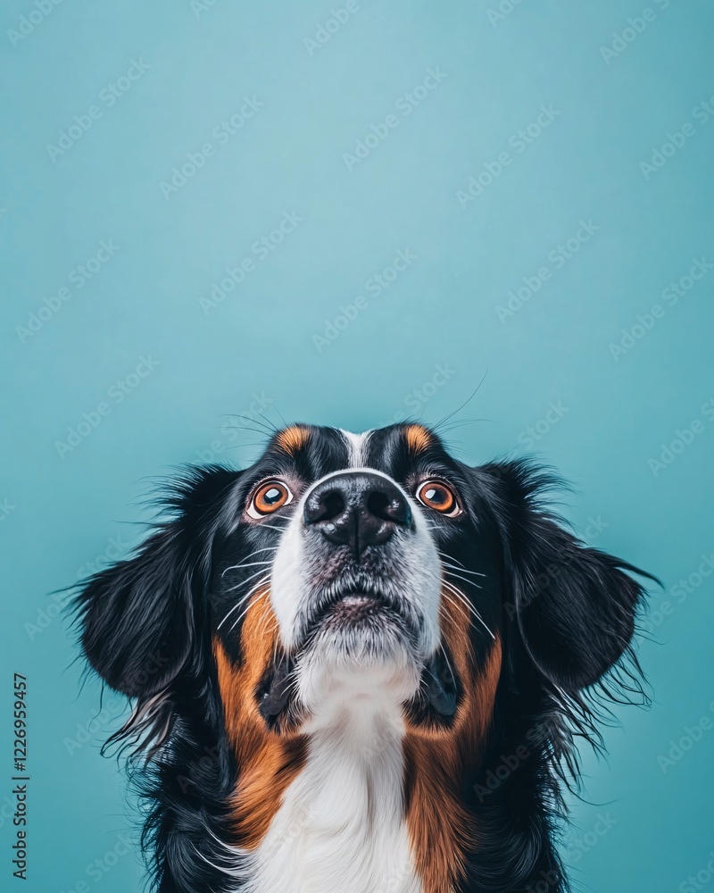 Close-up of a Bernese Mountain Dog against a blue background Close-up of a Bernese Mountain Dog against a blue background