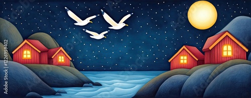 Pastel depiction of seagulls flying above glowing red cabins along a rugged coastline photo