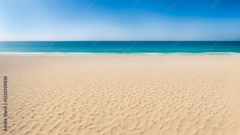 Obraz premium Panoramic view of a pristine sandy beach meeting a turquoise ocean under a clear blue sky.