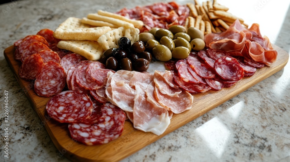 Obraz premium A charcuterie board featuring salami, ham, and prosciutto with olives and breadsticks.