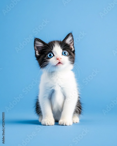 Cute black and white kitten on blue background