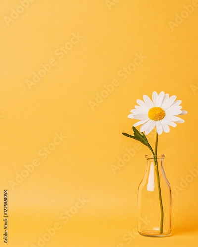 Single daisy flower in a glass bottle on yellow background
