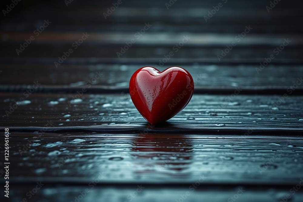 Vivid red heart shaped object resting on a wet surface, conveying love and sentimentality Vivid red heart shaped object resting on a wet surface, conveying love and sentimentality