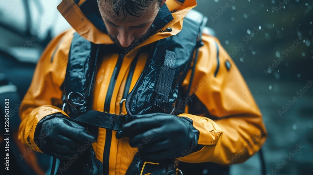 Person adjusts harness while preparing for outdoor adventure in rainy weather Person adjusts harness while preparing for outdoor adventure in rainy weather