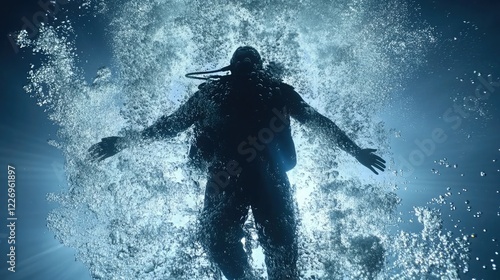 Diver ascends through bubbles in crystal clear water amidst a serene underwater environment during daylight hours